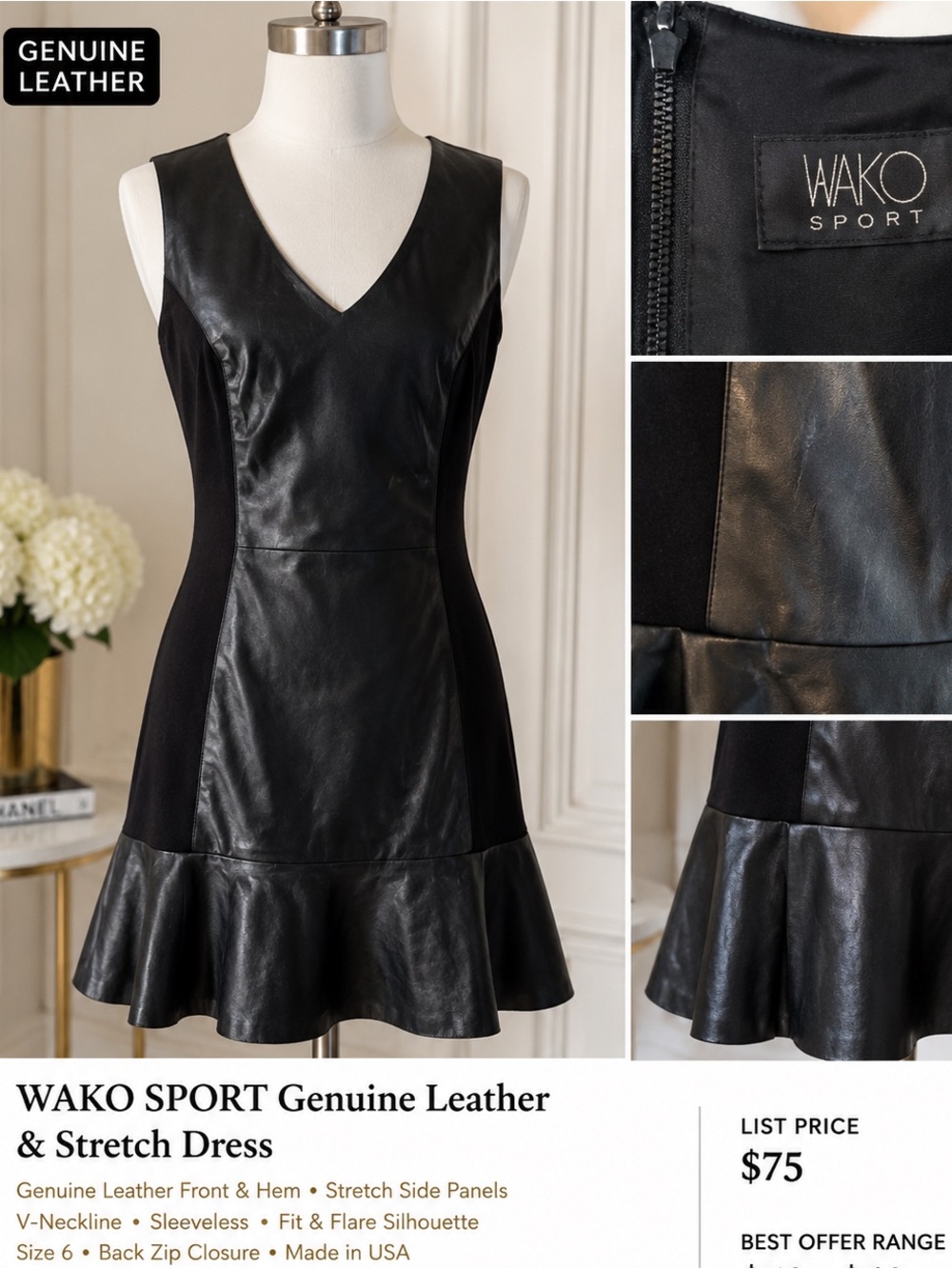 Vakko Black Genuine Leather & Stretch Mini Dress